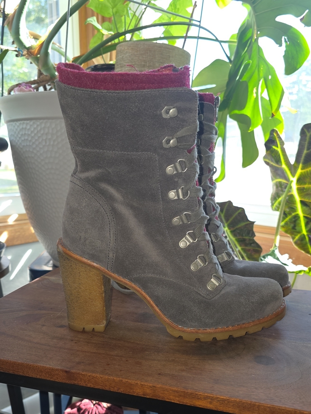 UGG Australia "Fabrice" Grey Suede Lace-Up Heeled Boots